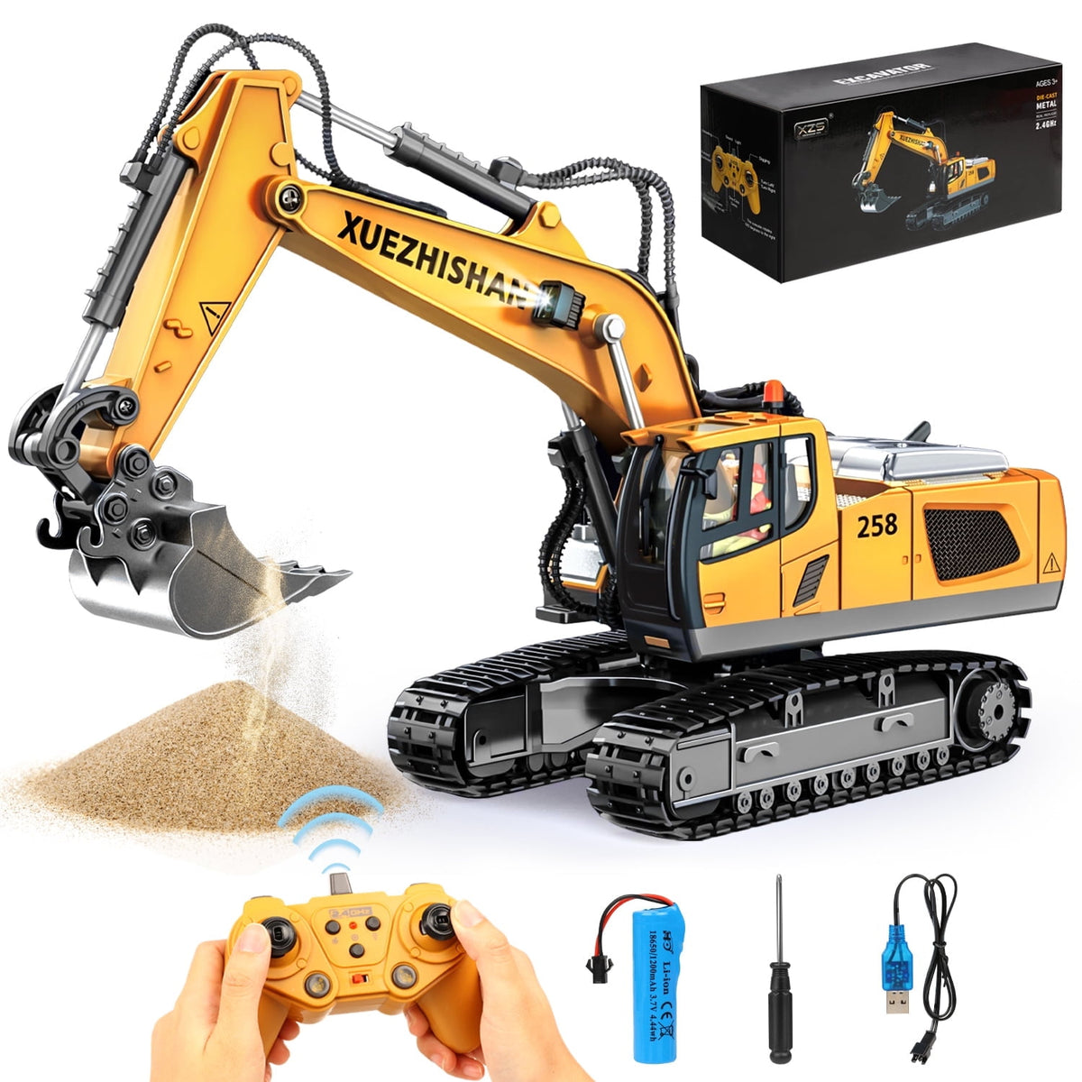 Huge Wave RC Excavator - 11 Channel, Lights & Sounds, Rechargeable